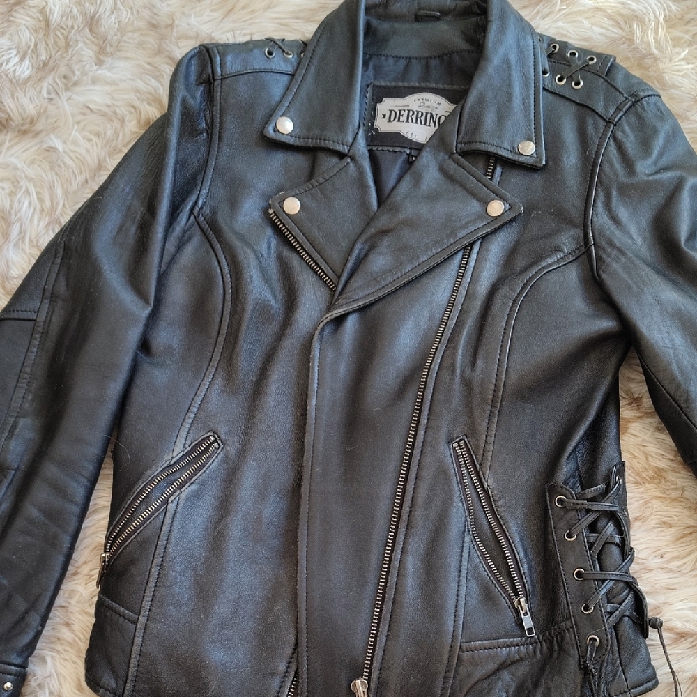 Derringer Real  Black Leather Jacket for Women